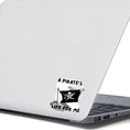 Load image into Gallery viewer, If you think a pirate's life is for you, then this individual die-cut sticker is just what you need! This pirate's life sticker features a jolly rodger (skull and crossed swords) flag with storm clouds and the saying "A Pirate's Life For Me". This image shows the pirate's life sticker on the back of an open laptop.
