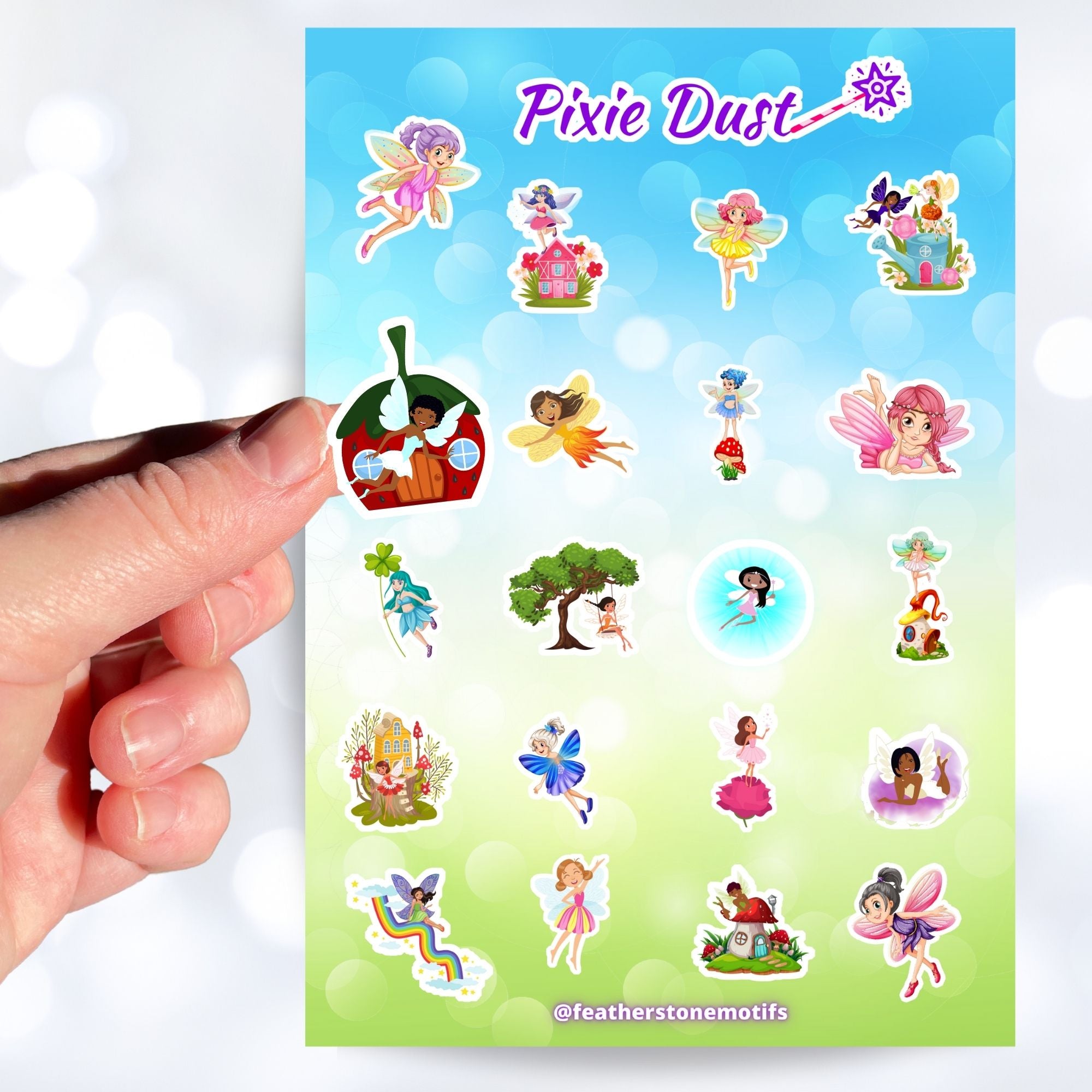 This sticker sheet has 20 different sticker images of fairies and it features a holographic sparkle overlay to give it that magical feel. This image shows a hand holding a sticker of a fairy in front of her acorn house above the sticker sheet.