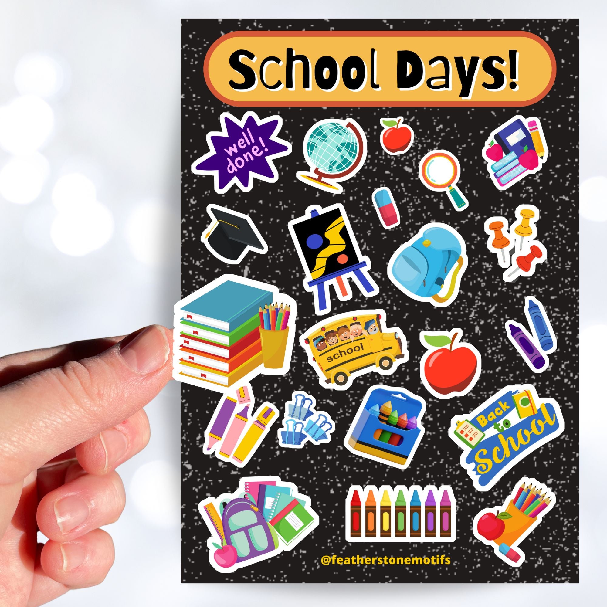 Reading, writing, and arithmetic; this sticker sheet is perfect for students, or educators, of all ages! It's filled with stickers showing all aspects of school - books, globe, crayons, backpacks, and of course a mortarboard / graduation cap! This image shows a hand holding a sticker of books and pencils above the sticker sheet.