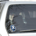 Load image into Gallery viewer, Grab your stick, lace up your skates, and head to the rink! This individual die-cut sticker features a hockey player silhouette on a blue hockey puck with the word "Score!" on the lower left side. This image shows the hockey sticker on the back window of a car.

