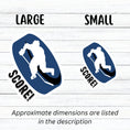 Load image into Gallery viewer, Grab your stick, lace up your skates, and head to the rink! This individual die-cut sticker features a hockey player silhouette on a blue hockey puck with the word "Score!" on the lower left side. This image shows the large and small hockey stickers next to each other.
