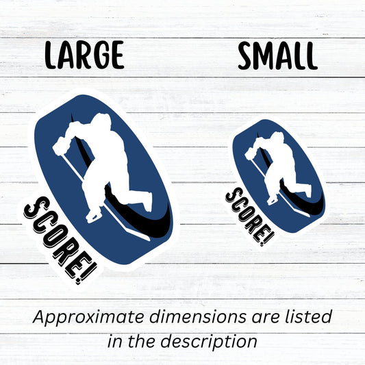 Grab your stick, lace up your skates, and head to the rink! This individual die-cut sticker features a hockey player silhouette on a blue hockey puck with the word "Score!" on the lower left side. This image shows the large and small hockey stickers next to each other.