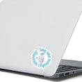 Load image into Gallery viewer, Sing like nobody's listening; dance like nobody's watching. This blue, gray, and white individual die-cut sticker features someone singing in the shower. This image shows the Sing like nobody's listening sticker on the back of an open laptop.
