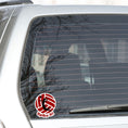Load image into Gallery viewer, Show your love of volleyball with this individual die-cut sticker! This sticker shows the silhouette of a player with a ponytail about to spike the ball, on a maroon and white volleyball background, with the words "Spike it!" below. This image shows the volleyball sticker on the back window of a car.
