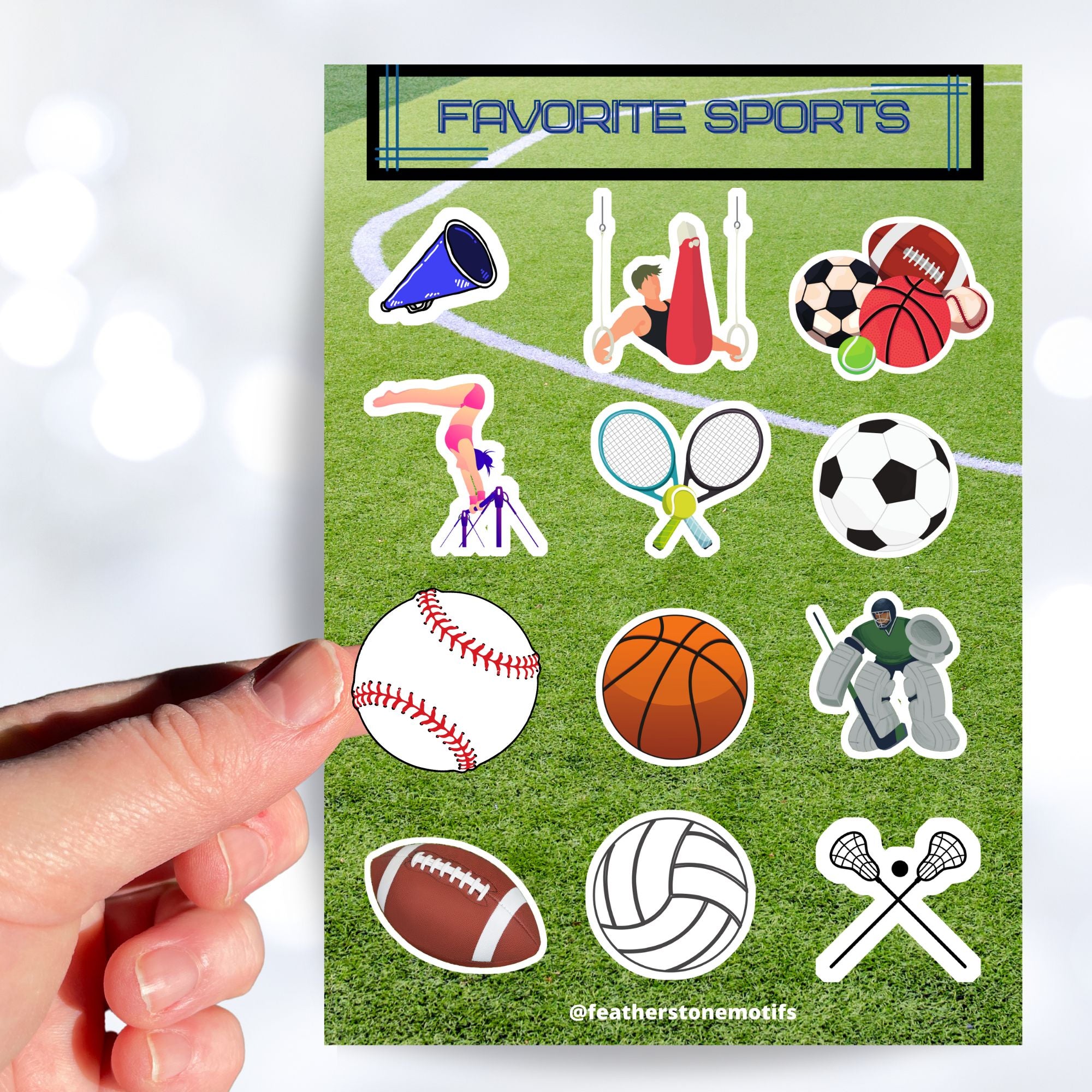 What are your favorite sports? Football, gymnastics, soccer, volleyball, cheer, baseball, hockey, tennis, or lacrosse? If you love any of these then this sticker sheet is perfect for you!  This image shows a hand holding a baseball sticker above the Favorite Sports sticker sheet.