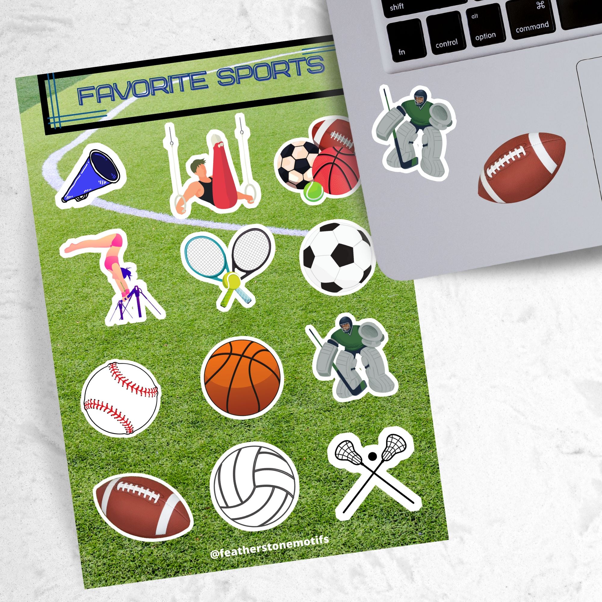 What are your favorite sports? Football, gymnastics, soccer, volleyball, cheer, baseball, hockey, tennis, or lacrosse? If you love any of these then this sticker sheet is perfect for you!  This image shows the Favorite Sports sticker sheet next to a laptop with hockey goalie and football stickers applied below the keyboard. 
