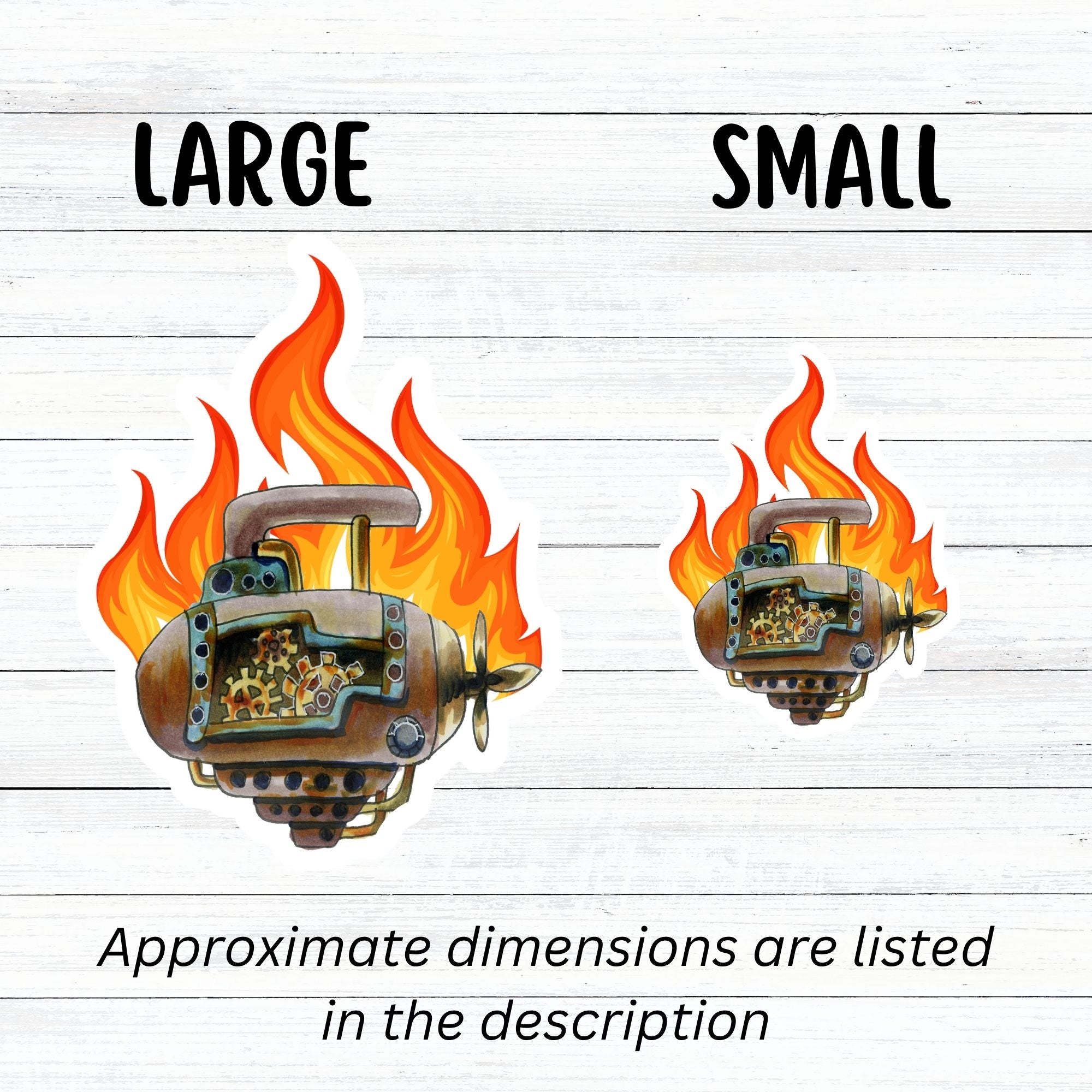This individual die-cut steampunk sticker features a brown engine with a cutaway to show the gears inside, on a background of yellow, orange, and red flames. This image shows the large and small steampunk engine stickers side by side.