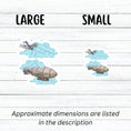 Load image into Gallery viewer, Is it a battle in the sky or is the plane coming to help out the blimp? This individual die-cut steampunk sticker features a steampunk plane diving through the clouds towards a steampunk dirigible. This image shows the large and small steampunk flyers stickers next to each other.
