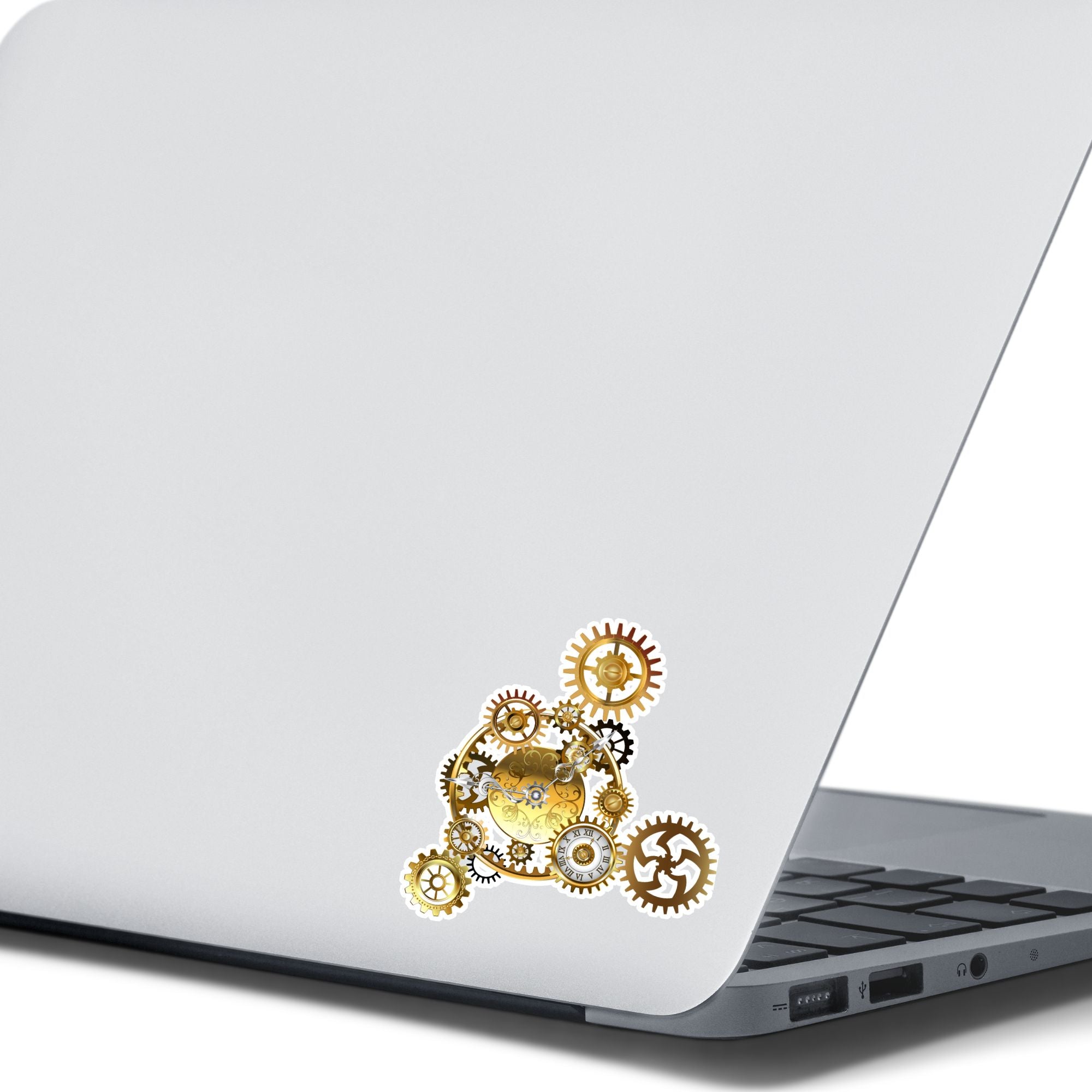 Nothing is more iconic for steampunk than gears and clocks. The steampunk gears individual die-cut sticker is a classic steampunk type image with gears and clocks. This image shows the steampunk gears sticker on the back of an open laptop.