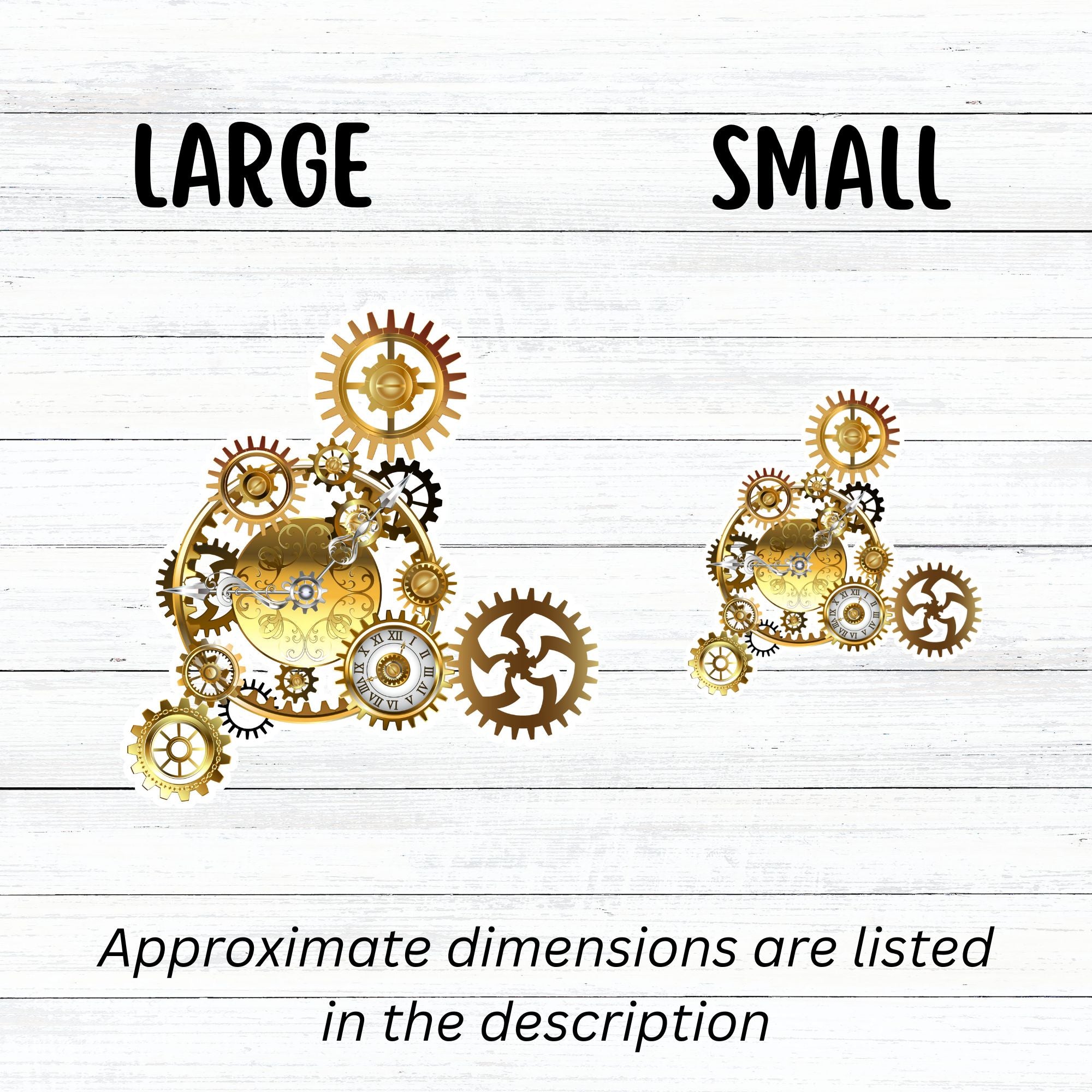 Nothing is more iconic for steampunk than gears and clocks. The steampunk gears individual die-cut sticker is a classic steampunk type image with gears and clocks. This image shows large and small steampunk gear stickers next to each other.