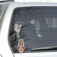 Load image into Gallery viewer, Mr. Owl is a distinguished looking steampunk owl with top hat and a pocket watch medallion. This image shows the Mr. Owl steampunk sticker on the back window of a car.
