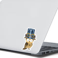 Load image into Gallery viewer, Mrs. Owl is sporting a steampunk hat with goggles and she has her own steampunk watch necklace. This image shows the Mrs. Owl steampunk sticker on the back of an open laptop.
