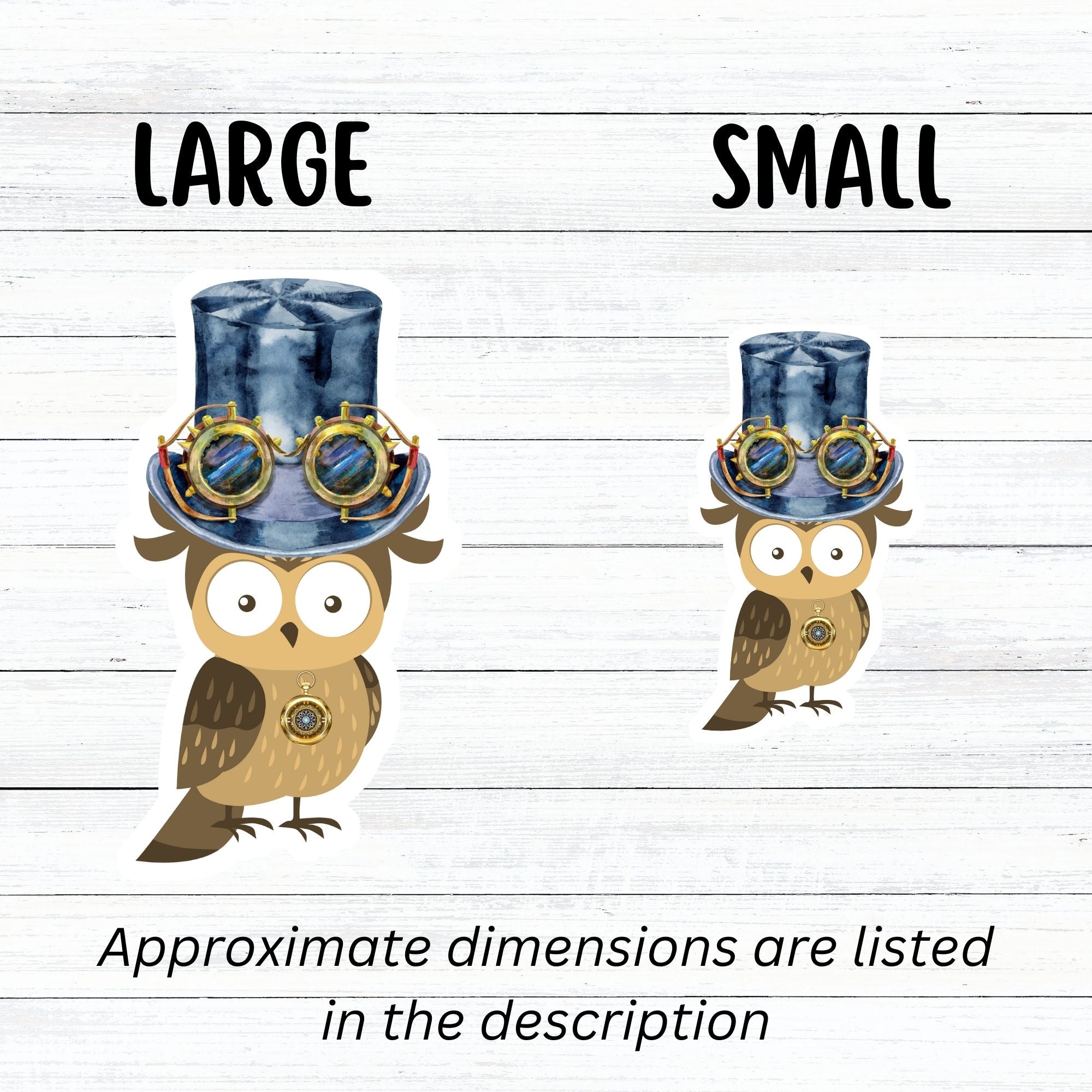 Mrs. Owl is sporting a steampunk hat with goggles and she has her own steampunk watch necklace. This image shows the large and small Mrs. Owl steampunk stickers next to each other.