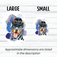Load image into Gallery viewer, Steampunk Rotty is a happy looking Rottweiler with a steampunk hat and goggles, all on a pastel background. This image shows the large and small steampunk Rottweiler stickers next to each other.
