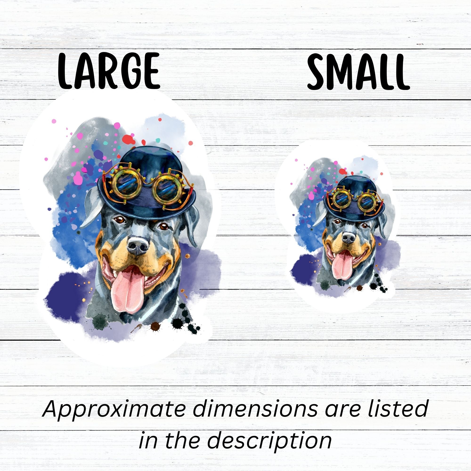 Steampunk Rotty is a happy looking Rottweiler with a steampunk hat and goggles, all on a pastel background. This image shows the large and small steampunk Rottweiler stickers next to each other.