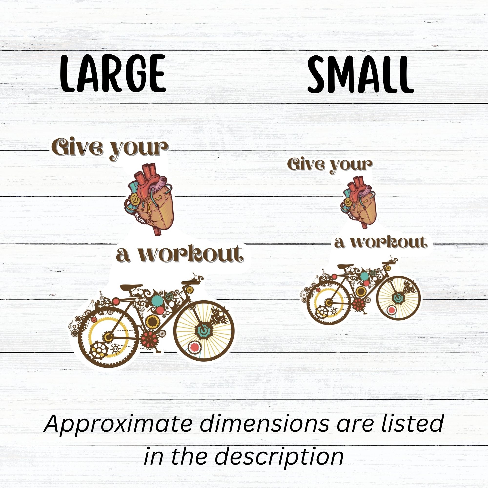 Give your heart a workout! This steampunk sticker has a steampunk anatomic heart and a steampunk bicycle. This image shows a large and small steampunk workout sticker next to each other.