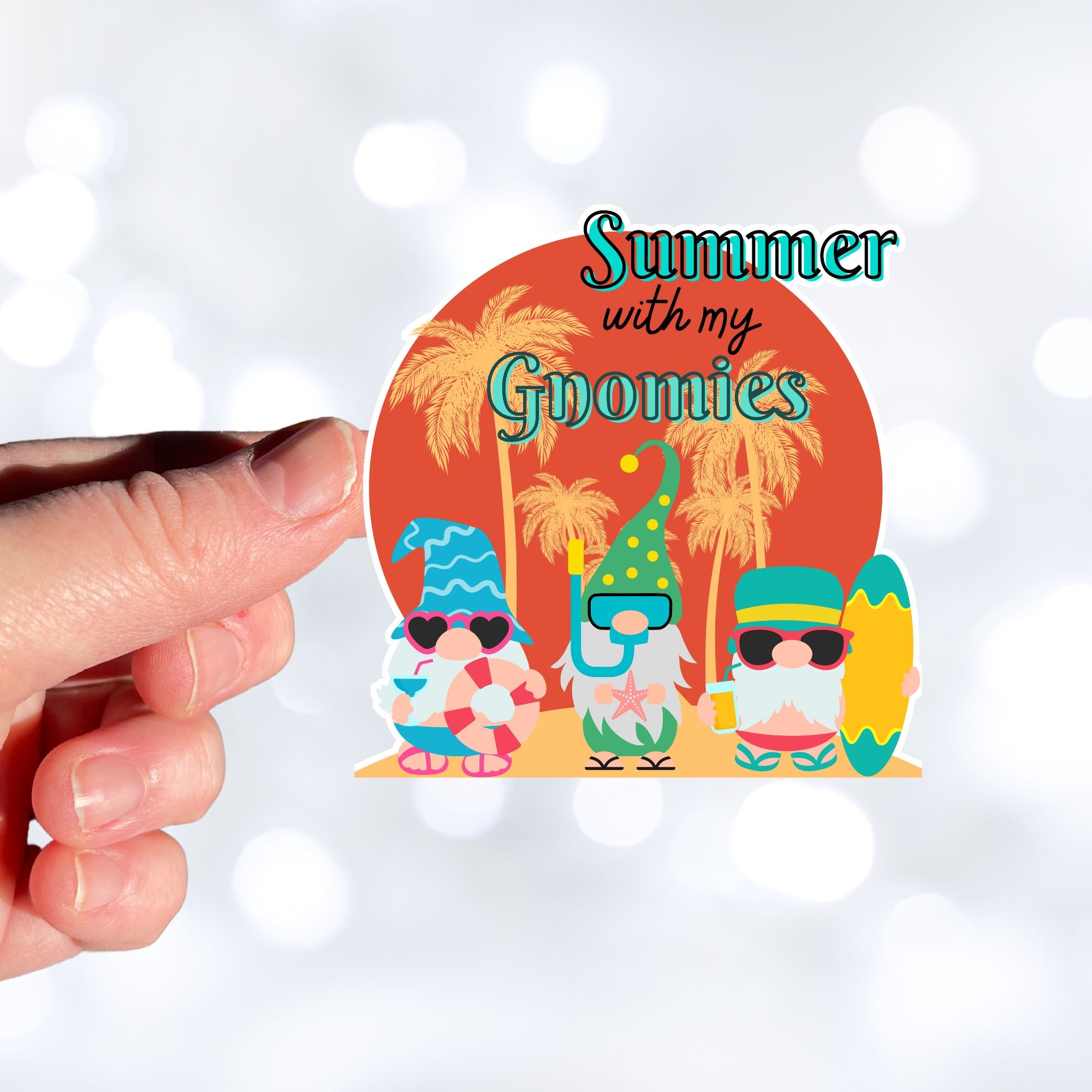 Who doesn't want to chill with their gnomies in the summer? This individual die-cut sticker features three gnome friends who are ready for the beach. They're standing in front of a setting sun silhouetting palm trees. Enjoy! This image shows a hand holding the Summer with my Gnomies sticker.