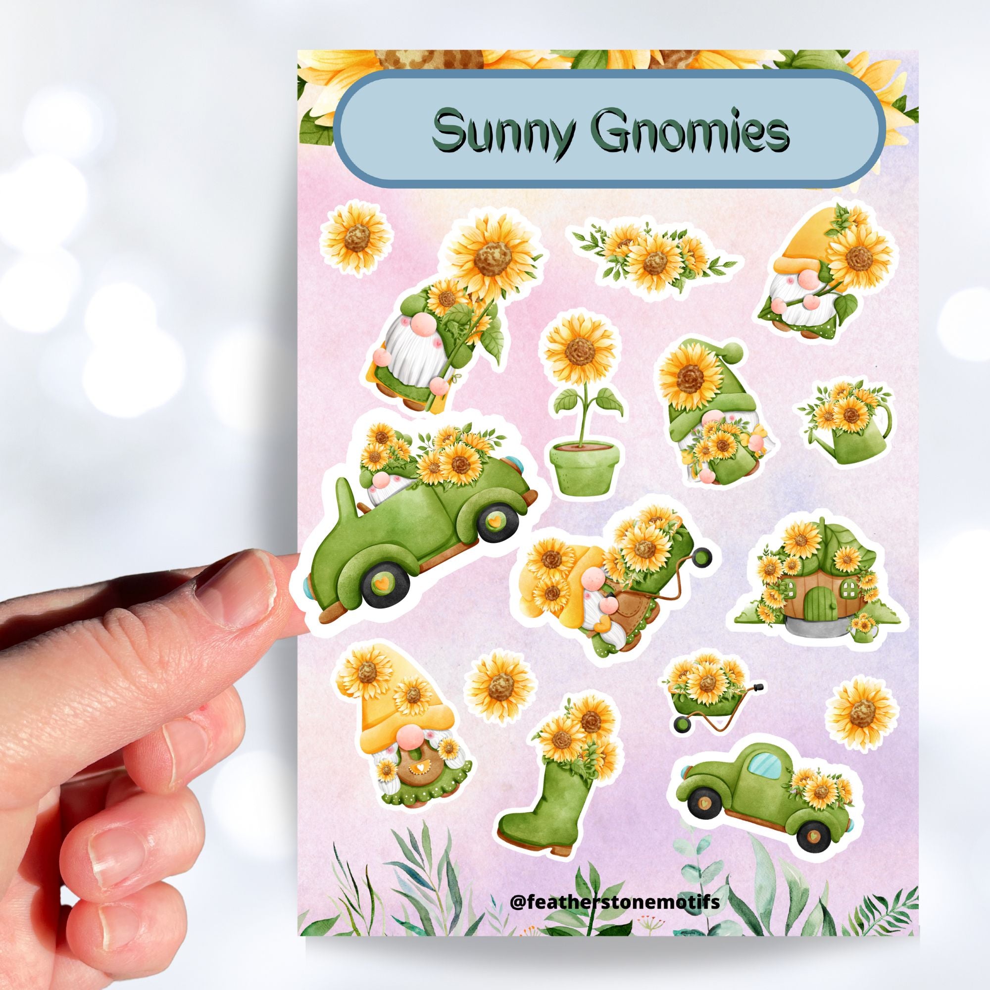 Sunflowers and Gnomes; what a perfect combination! This sticker is filled with stickers of sunflowers and gnomes with sunflowers.  This image shows a hand holding a gnome driving a car full of sunflowers held above the sticker sheet.