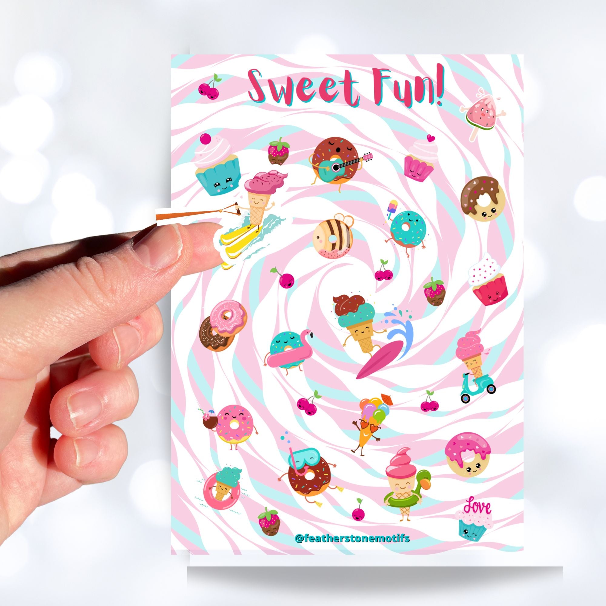 This sticker sheet is such Sweet Fun! It features cartoon characters of all your favorite treats like ice cream, donuts, and cakes. Delicious! This image shows a hand holding a waterskiing ice cream cone above the Sweet Fun sticker sheet.
