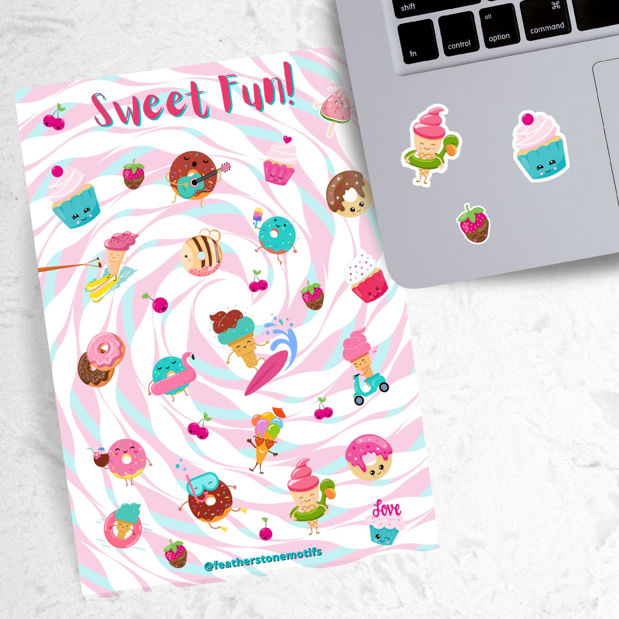 This sticker sheet is such Sweet Fun! It features cartoon characters of all your favorite treats like ice cream, donuts, and cakes. Delicious! This image shows the Sweet Fun sticker sheet next to a laptop with sticker images of an ice cream cone with a water float ring, a smiling cupcake, and a chocolate dipped strawberry applied below the keyboard.