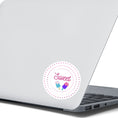 Load image into Gallery viewer, Sweet as Ice Cream! This round individual die-cut sticker has the word Sweet with two ice cream bars in the center surrounded by pink and purple circular dots. This makes a great gift for your sweetie! This image shows the Sweet - Ice Cream sticker on the back of an open laptop.

