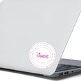 Load image into Gallery viewer, This round individual die-cut sticker is Sweet! It features the word Sweet in the center surrounded by pink and purple circular dots. This makes a great gift for anyone you're sweet on! This image shows the Sweet sticker on the back of an open laptop.

