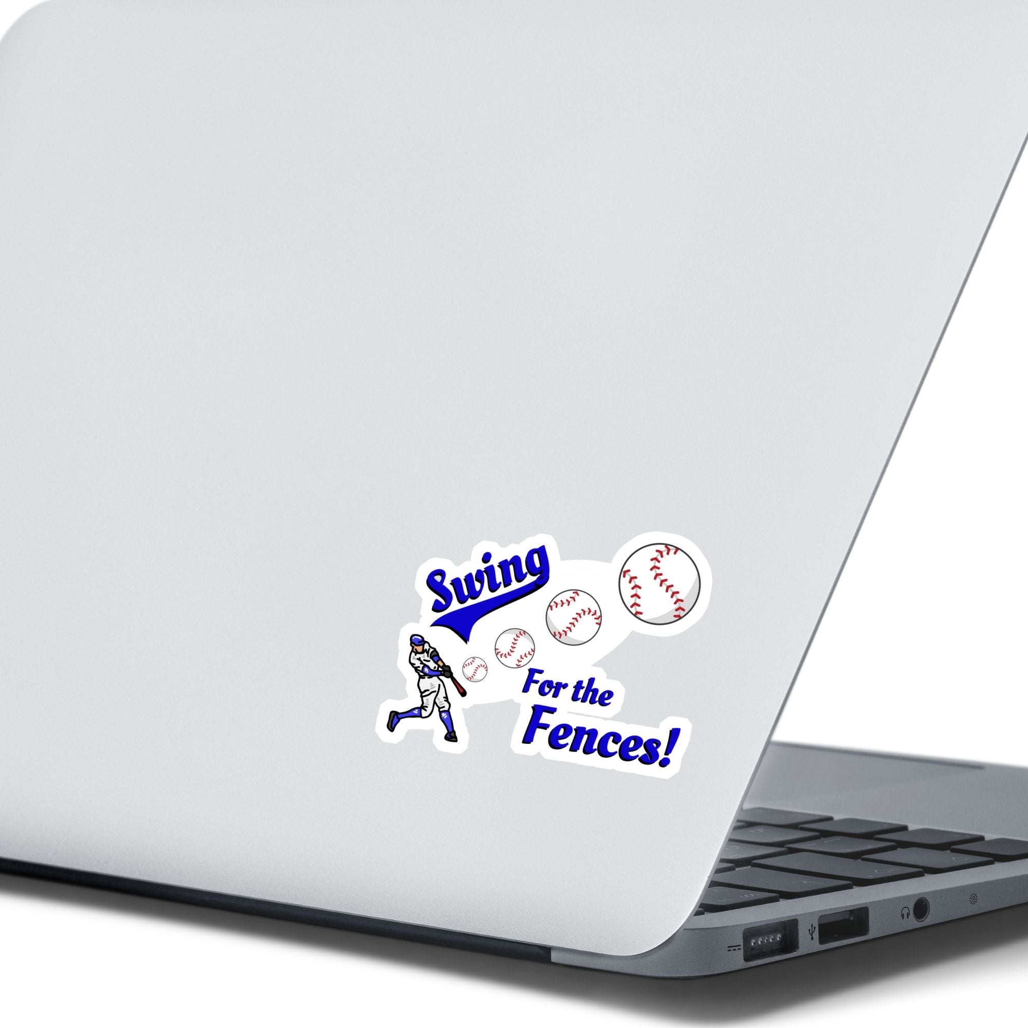 Swing for the Fences! - good for baseball and softball, but also as a metaphor for living our lives! This individual die-cut sticker features a ball player hitting a ball as it moves out towards us with the words Swing for the Fences. Check out our Inspirational collection for more inspiring stickers! This image shows the Swing for the Fences sticker on the back of an open laptop.