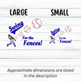 Load image into Gallery viewer, Swing for the Fences! - good for baseball and softball, but also as a metaphor for living our lives! This individual die-cut sticker features a ball player hitting a ball as it moves out towards us with the words Swing for the Fences. Check out our Inspirational collection for more inspiring stickers! This image shows large and small Swing for the Fences! stickers next to each other.
