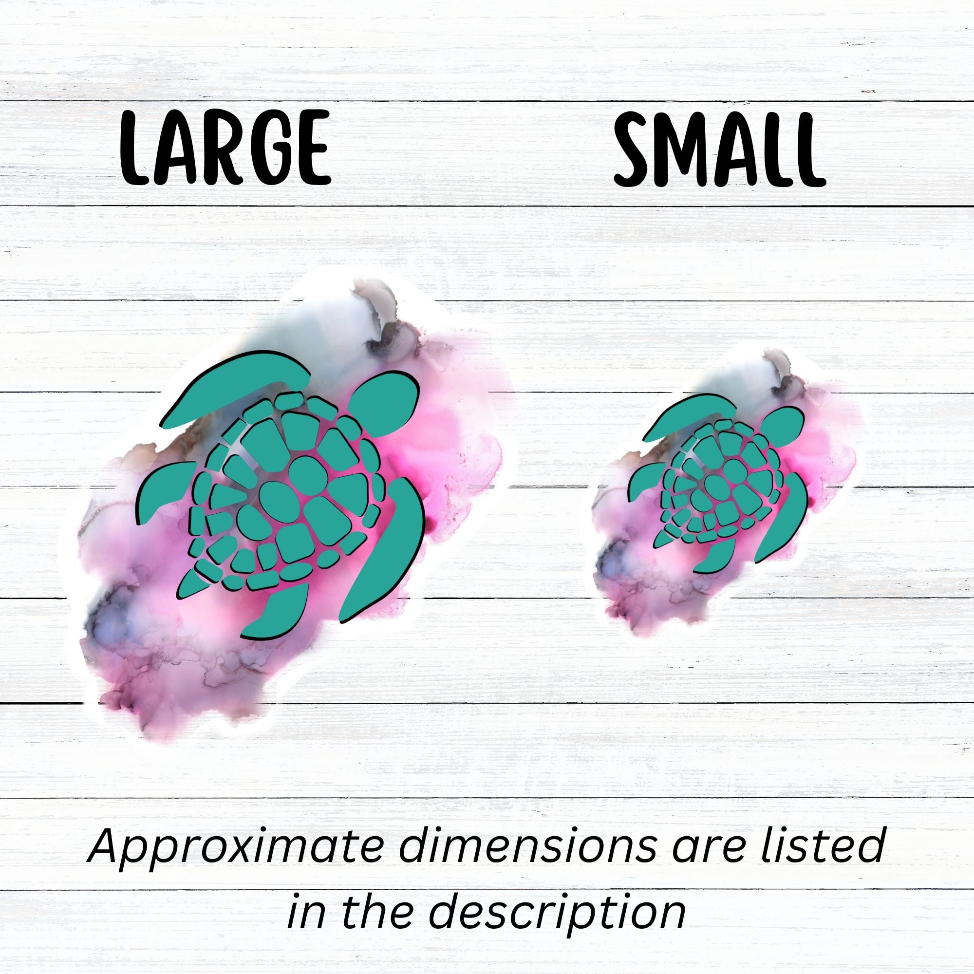 This individual die-cut sticker features a green tribal style turtle on a gray and pink cloudy background. This image shows large and small tribal turtle stickers next to each other.