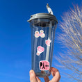 Load image into Gallery viewer,  Celebrate everything Paris with this pink aesthetic on a gray background sticker sheet! Images include the Eifel Tower, perfume, balloons, and flowers. This image shows a water bottle with stickers of a bicycle with flowers on it, a butter fly, a hot air balloon, and a the word "Paris" spelled with the Eifel Tower as the "A".
