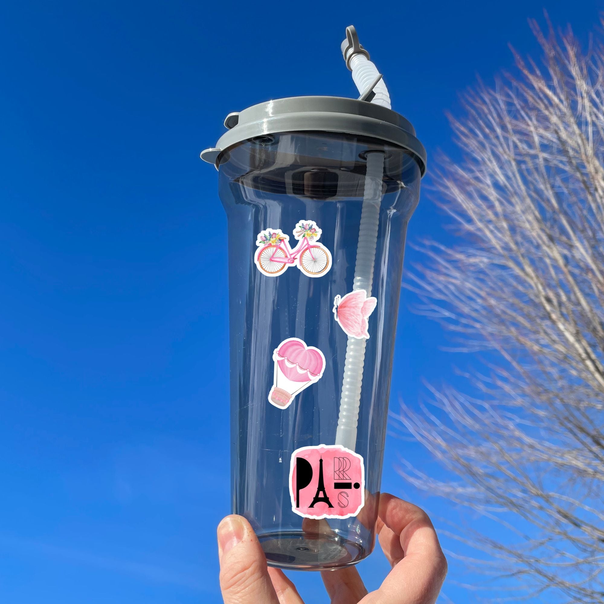  Celebrate everything Paris with this pink aesthetic on a gray background sticker sheet! Images include the Eifel Tower, perfume, balloons, and flowers. This image shows a water bottle with stickers of a bicycle with flowers on it, a butter fly, a hot air balloon, and a the word "Paris" spelled with the Eifel Tower as the "A".