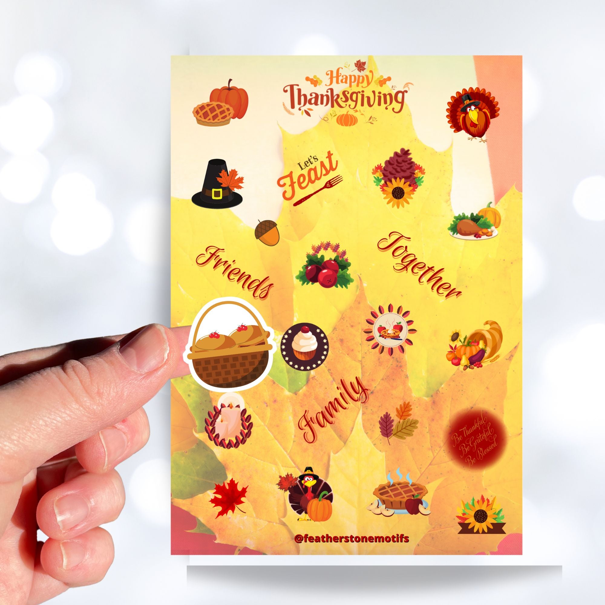 This festive Thanksgiving sticker sheet is perfect for decorating or scrapbooking. It features all of your favorite Thanksgiving images and inspirational sayings. Let the feast begin! This image shows a hand holding a basket of pies over the Happy Thanksgiving sticker sheet.