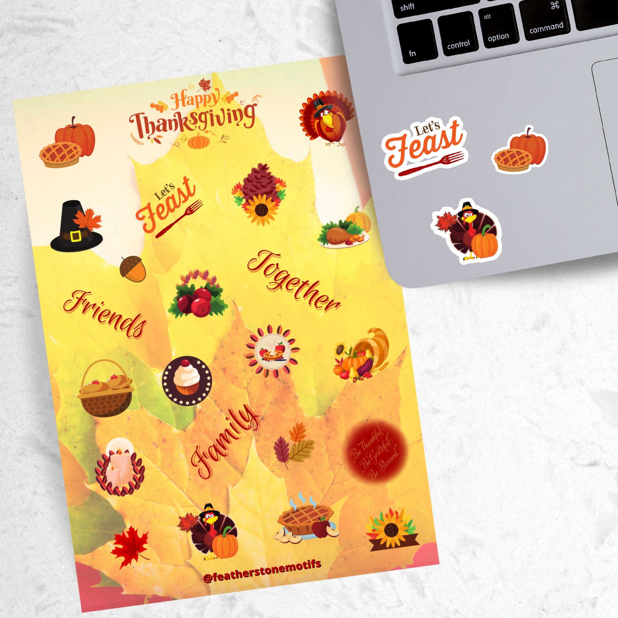This festive Thanksgiving sticker sheet is perfect for decorating or scrapbooking. It features all of your favorite Thanksgiving images and inspirational sayings. Let the feast begin! This image shows the Happy Thanksgiving sticker sheet next to a laptop with stickers of pumpkin and pumpkin pie, a turkey dressed as a pilgrim, and the words "Let's Feast" applied below the keyboard.