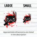 Load image into Gallery viewer, Trash Polka uses red, black, and white with a combination of abstract, surrealistic, and realistic images, and this individual die-cut sticker features a black owl face on a red and white background. This image shows the large and small trash polka owl stickers next to each other.
