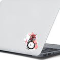 Load image into Gallery viewer, Trash Polka uses red, black, and white with a combination of abstract, surrealistic, and realistic images, and this individual die-cut sticker features a black and white pocket watch with red and black stripes behind.  This image shows the trash polka pocket watch sticker on the back of an open laptop.
