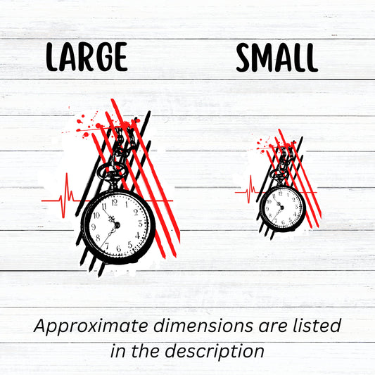 Trash Polka uses red, black, and white with a combination of abstract, surrealistic, and realistic images, and this individual die-cut sticker features a black and white pocket watch with red and black stripes behind.  This image shows large and small trash polka pocket watch stickers next to each other.