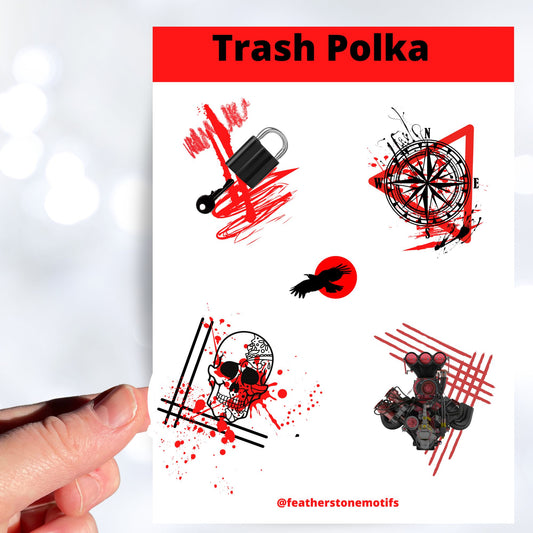 Trash Polka uses red, black, and white with a combination of abstract, surrealistic, and realistic images. This sticker sheet has four larger stickers from our die-cut sticker collection combined with a smaller sticker of a raven flying across a red sun. The stickers are the Trash Polka Lock and Key, Trash Polka Compass, Trash Polka Skull, and Trash Polka Engine. This image shows a hand holding the Trash Polka Skull above the sticker sheet.