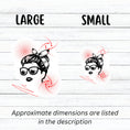 Load image into Gallery viewer, Trash Polka uses red, black, and white with a combination of abstract, surrealistic, and realistic images, and this individual die-cut sticker features a woman wearing sunglasses with her hair tied up on a white background with red swirls. This image shows large and small trash polka woman stickers side by side.

