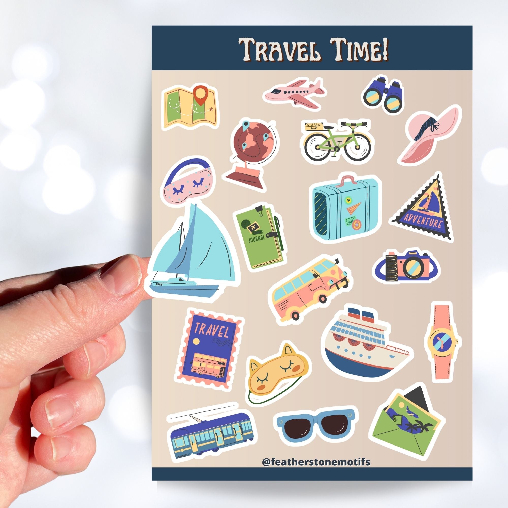 Pack your bags and grab your passport; it's travel time! This sticker sheet is filled with travel related sticker images sure to please even the most discerning traveler. Some of the sticker images are an airplane, suitcase, globe, and ship.  This image is of a hand holding a sailboat sticker above the sticker sheet.