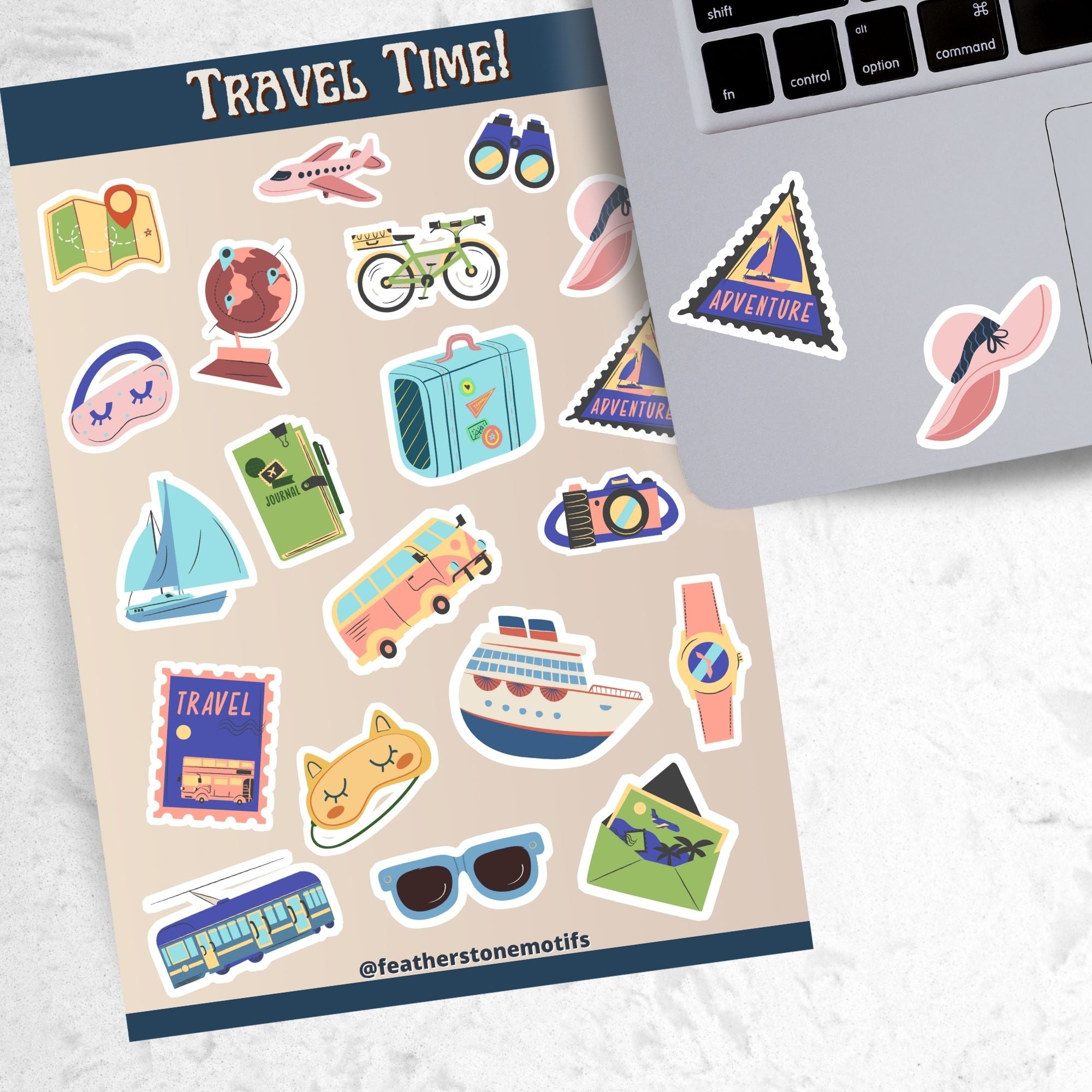 Pack your bags and grab your passport; it's travel time! This sticker sheet is filled with travel related sticker images sure to please even the most discerning traveler. Some of the sticker images are an airplane, suitcase, globe, and ship.  This image shows the sticker sheet next to an open laptop with a triangle sticker of a sailboat that says "Adventure", and a sticker of a pink floppy sun hat, applied below the keyboard.