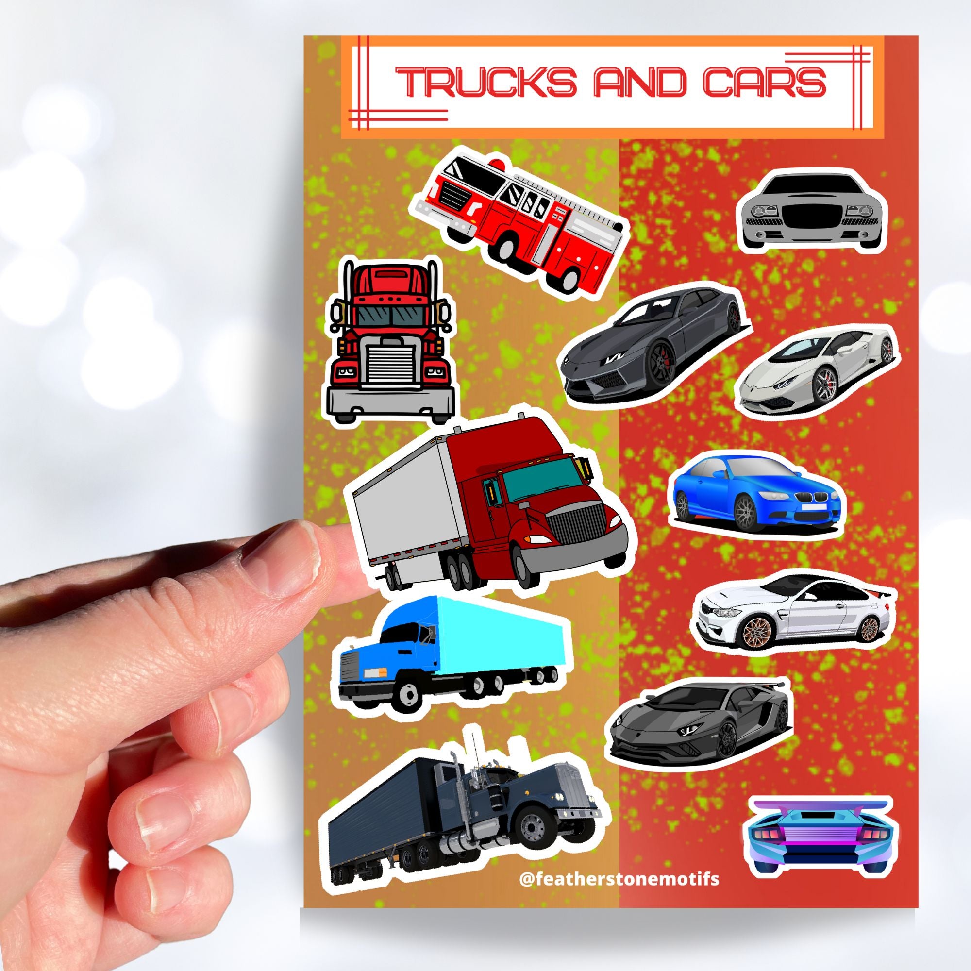 This sticker sheet has a collection of truck and car stickers; perfect for kids and adults who like their four wheel friends! This sheet has five different truck stickers and seven different car stickers on an orange and yellow background. This image shows a hand holding a sticker of a semi truck above the sticker sheet.