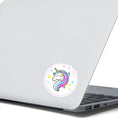 Load image into Gallery viewer, This individual die-cut sticker features a teal and purple unicorn with stars in the background. This image shows the Unicorn die-cut sticker on the back of an open laptop.
