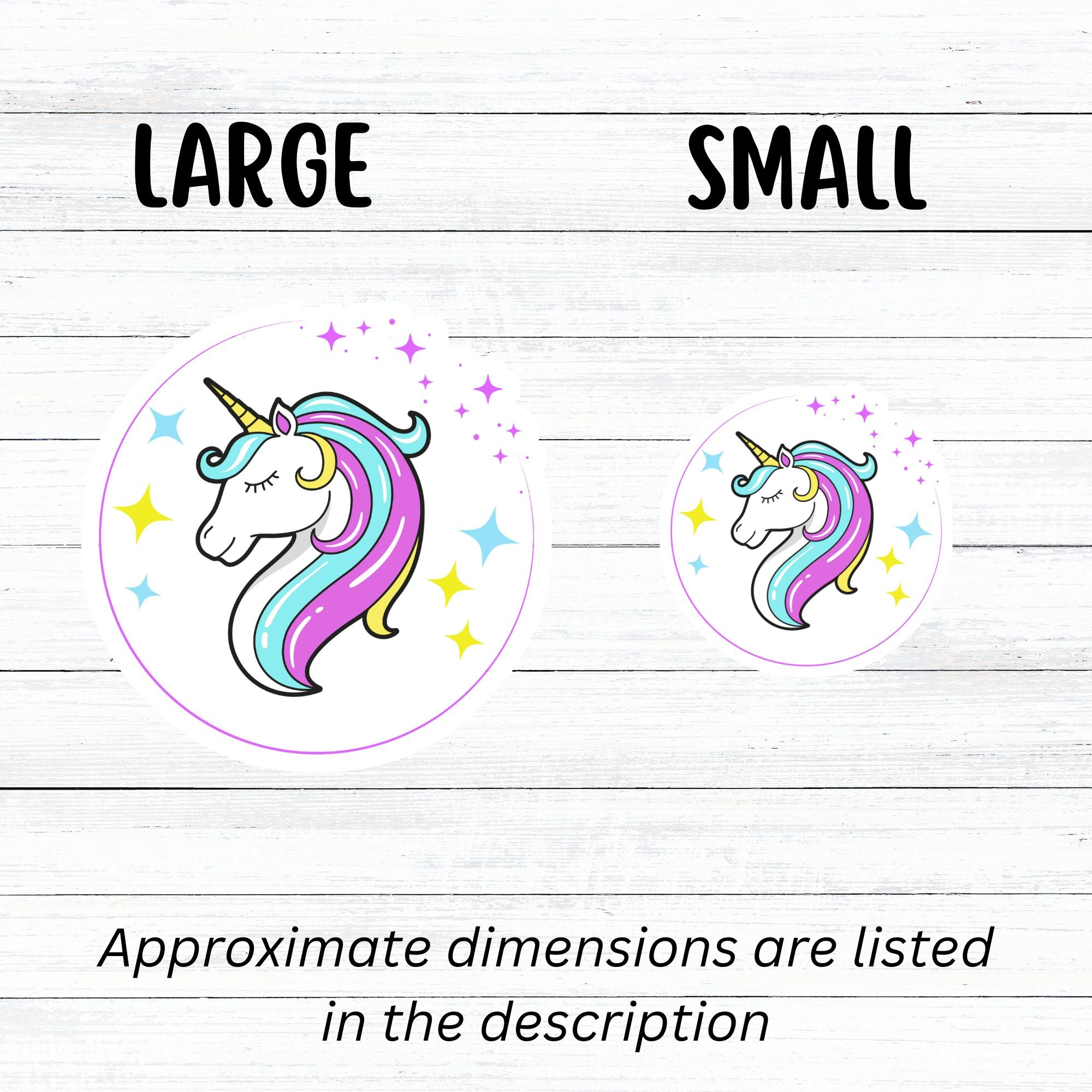 This individual die-cut sticker features a teal and purple unicorn with stars in the background. This image shows large and small Unicorn stickers next to each other.