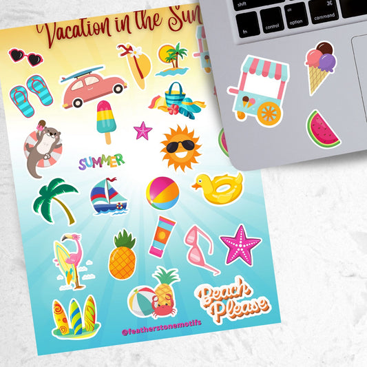 Pack your sunscreen and flip flops for a Vacation in the Sun! This sticker sheet is filled with summer vacation sticker images like the sun with sunglasses, a rubber ducky float ring, ice cream, and a sailboat. This image shows the sticker sheet next to an open laptop with stickers of an ice cream cart, an ice cream cone with pink, purple, and chocolate ice cream scoops, and a big watermelon slice, applied below the keyboard.