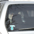 Load image into Gallery viewer, Don't get psyched out by this individual die-cut sticker! It features a teal blue pineapple with the words "Wait for it!" above. This image shows the Wait for it! die-cut sticker on the back window of a car.
