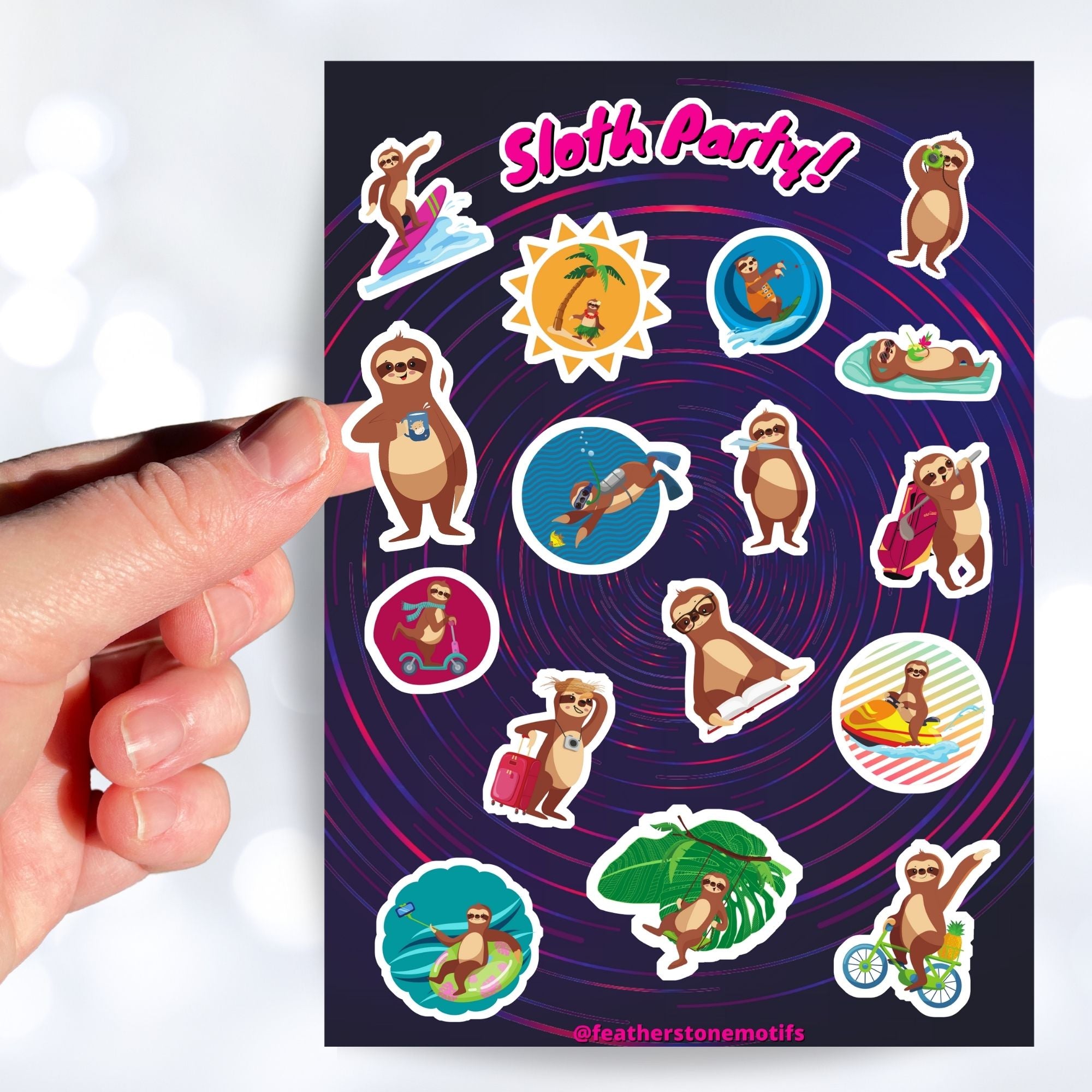 Sloth's on Bikes. Sloth's scuba diving. Sloth's relaxing. This sticker sheet is full of sticker images of sloth's doing all kinds of fun things! This image shows a hand holding a sticker of a sloth with a cup of coffee above the sticker sheet.